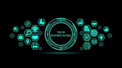 Tech Matrix Panel with Digital Icons on Black Background . Technology, Internet and network concept  4k video . - Powered by Adobe