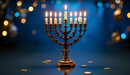 Menorah with coins, bokeh lights, template