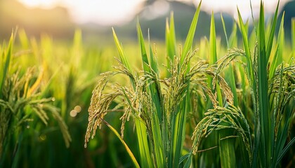Naklejka premium Close Up Of Green Rice Plants With Ripening Grains In A Lush Paddy Field Under Soft Natural Light