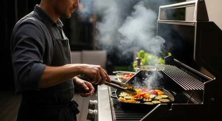 Man cooking vegetables on grill outdoors