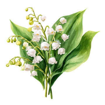 Lily Of The Valley Bouquet watercolor drawing vector, premium quality illustration on a clean white background.