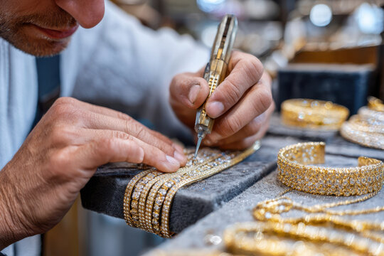 Expert jeweler meticulously crafting intricate design on gold jewelry in workshop - Powered by Adobe