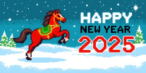 Pixel art arcade game level with a rearing red horse and text "Happy New Year 2025", starry night background. 8bit Retro game concept. Large Banner size. Chinese Animal of New Year. Year of horse.