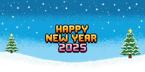 Pixel art arcade game level with text "Happy New year 2025", winter background. 8bit Retro game concept. Large Banner size