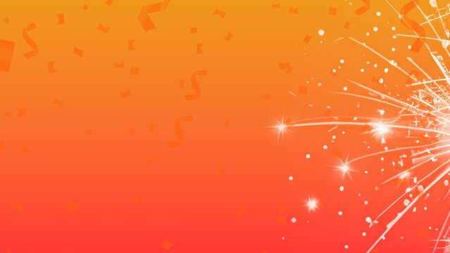 Orange gradient background with confetti and white light bursts on the right side of the image