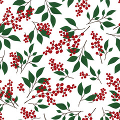 Vector seamless pattern with winterberry and branches hand drawn.