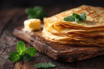 Stack of Crepes with Butter and Mint on Wooden Board.