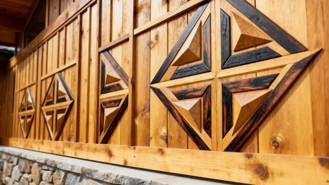 Medium shot of custom wood siding featuring intricate geometric patterns enhancing a modern rustic exterior wall.