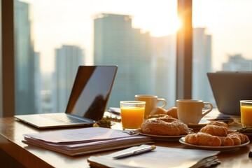 Breakfast with a view - Laptop, pastries, and orange juice.