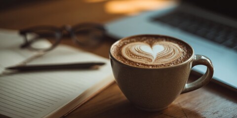 Cozy Workspace with Latte Art and Laptop - A Moment of Inspiration.