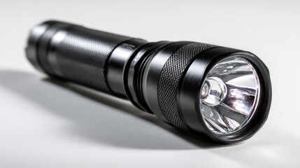 Close-up of a Black Metal Flashlight on a White Surface.