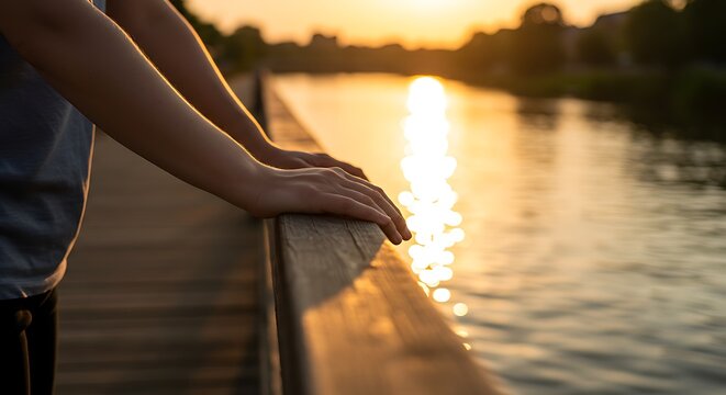Person's hands on a wooden railing overlooking a tranquil river at golden hour sunset with warm reflections.