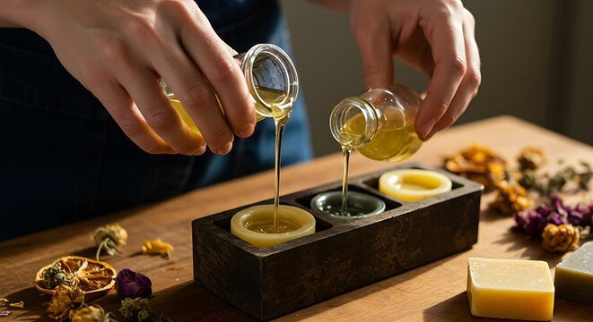 Artisan hands pouring natural essential oils into molds for handmade skincare, aromatherapy, or soap making. DIY organic beauty products.