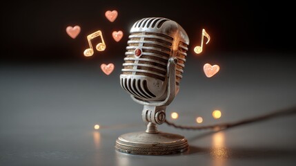 Vintage Microphone with Glowing Hearts and Musical Notes