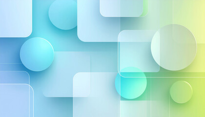 Overlapping translucent circles and rounded rectangles in a smooth blue‑to‑green‑to‑yellow gradient with soft shadows and highlights, layered depth for modern UI backgrounds.