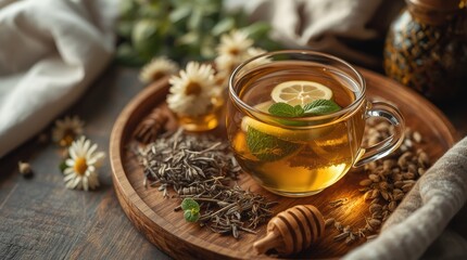 Fototapeta premium herbal tea with honey, lemon and mint.
