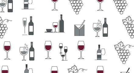 Seamless repeating pattern of wine bottles glasses and grape bunches in a minimalist gray and red line art style for menus.
