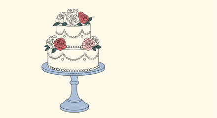 Elegant two-tiered wedding cake decorated with beautiful pink and white roses sitting on a classic blue cake stand design.