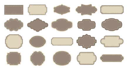 Large collection of various blank vintage labels and frames in rustic brown and beige with decorative stitched border details.