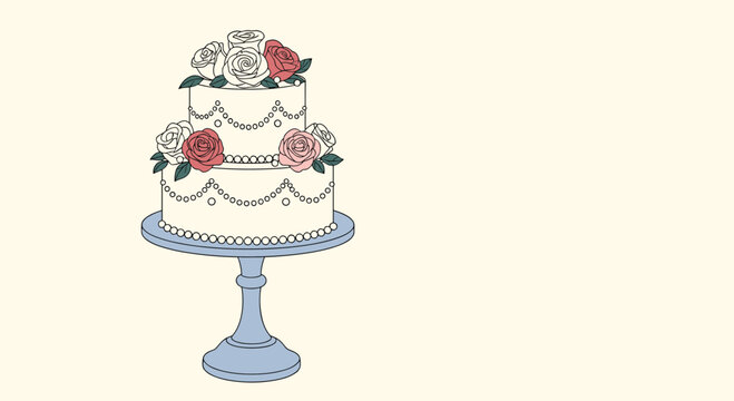 Elegant two-tiered wedding cake decorated with beautiful pink and white roses sitting on a classic blue cake stand design.