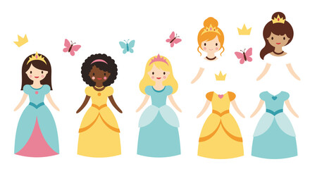 Cute paper doll set with three diverse princesses and interchangeable dresses allowing for creative dress-up play and fun.