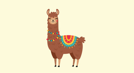 Obraz premium Adorable smiling cartoon llama with a colorful decorative saddle and necklace standing on a pale yellow isolated background.