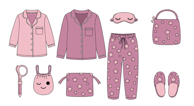 Collection of cute pink pajamas and sleep accessories with a star pattern including slippers an eye mask and storage bags.