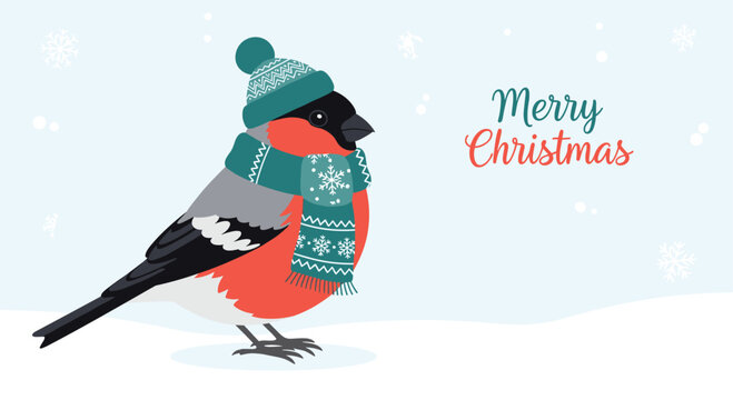 Merry Christmas greeting card featuring a cute bullfinch bird wearing a winter hat and scarf in a snowy landscape scene.