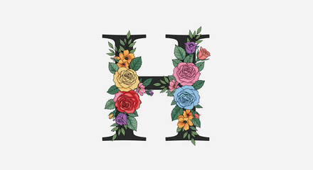 The uppercase letter H is beautifully decorated with a variety of colorful hand-drawn flowers including red yellow pink and purple roses.