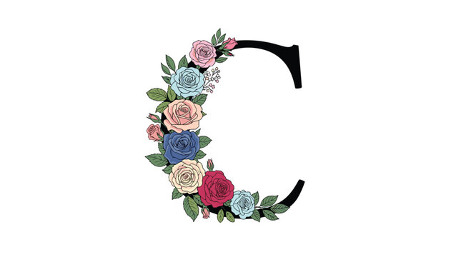 The uppercase letter C is beautifully decorated with an arrangement of elegant roses in various shades of pink blue and red with green leaves. - Powered by Adobe