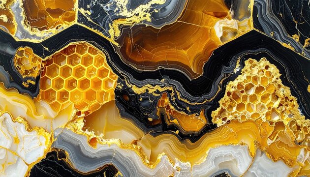 Abstract Honeycomb and Agate Stone Pattern with Gold and Black Hues.