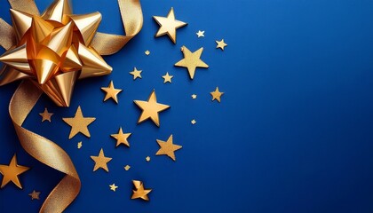 A Blue Background Featuring A Gold Ribbon And Stars Great For Use In Designs Related To Celebrations Or Special Occasions