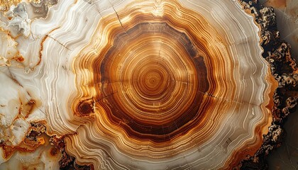 Detailed macro photograph of a polished petrified wood or agate stone slice showing colorful concentric growth rings.