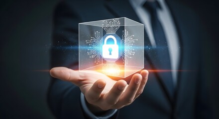 Professional businessman holding glowing digital security lock cube, symbolizing data protection and network safety with cutting-edge technology