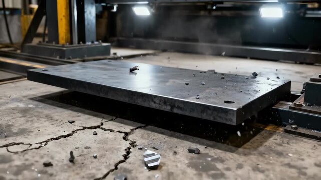 Closeup medium shot of AR steel plates undergoing impact resistance testing highlighting toughness and structural integrity in rugged environments.