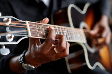 Fototapeta premium Musician plays acoustic guitar indoors, showcasing skill and passion during a casual session