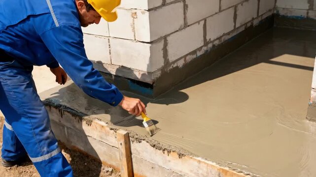 Medium shot of a worker applying exterior waterproof coating on a building foundation to prevent water intrusion and damage.