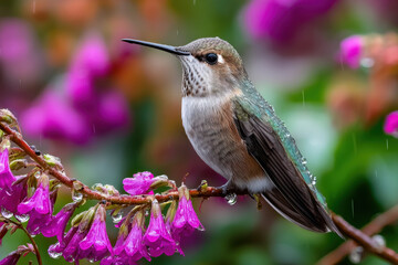 Fototapeta premium Hummingbird Perched on Branch in Gentle Rain
