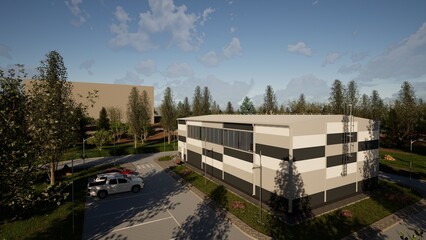 3D visualization of a modern industrial building with a striped panel facade, large windows, and clean contemporary design