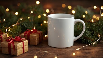 Fototapeta premium Mockup of a white mug in a New Year and Christmas setting.
