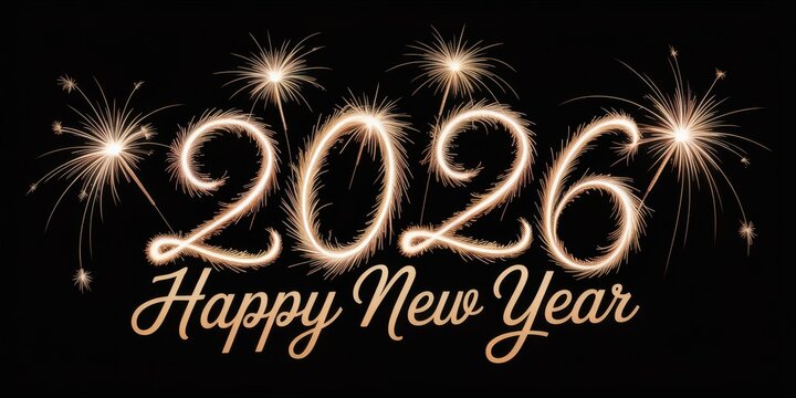happy new year, new year's eve, silvester, new year, celebration greeting card, new year card - Year 2026 in sparkler font and firework fireworks pyrotechnic, isolated on black night sky background