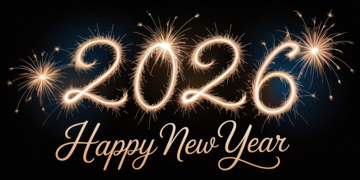 happy new year, new year's eve, silvester, new year, celebration greeting card, new year card - Year 2026 in sparkler font and firework fireworks pyrotechnic, isolated on black night sky background