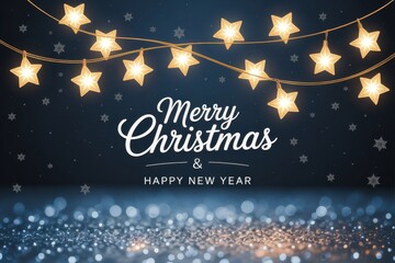 Merry Christmas and happy new year, Christmas stars lights with falling snow, snowflakes, Winter and new year holidays.
