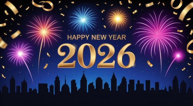 Vibrant fireworks celebrate 2026 over city skyline with happy new year message
- Powered by Adobe