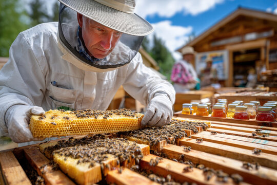 Beekeeper Inspects Honeycomb Frame at Apiary - Powered by Adobe