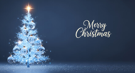 Blue Christmas tree decorated with toys and a star on a dark background with the inscription "Merry Christmas" for greetings, with empty space for text.