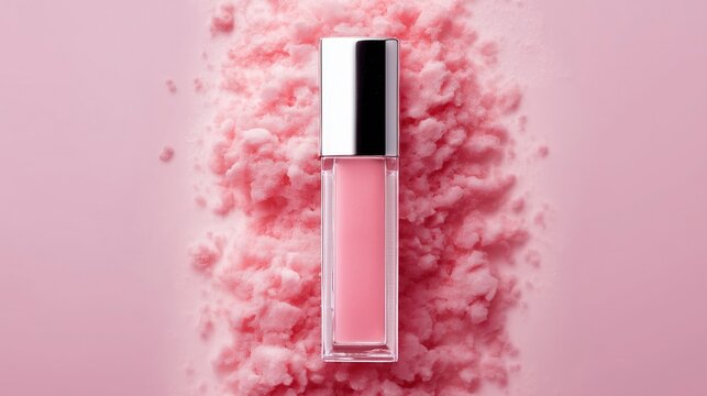 Pink lip gloss bottle with shiny cap on fluffy pink background. - Powered by Adobe