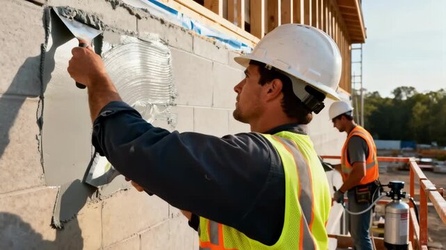 Construction workers apply new insulation materials to building walls to enhance thermal efficiency and reduce energy loss.