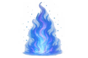 Blue fire flame with a mystical glow and energy, showing ethereal sparks and abstract magic on a transparent background