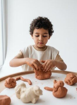 A creative boy focused on sculpting with modeling clay at a table. Child engaged in an arts and crafts activity for hands-on learning. Childhood development concept with copy space